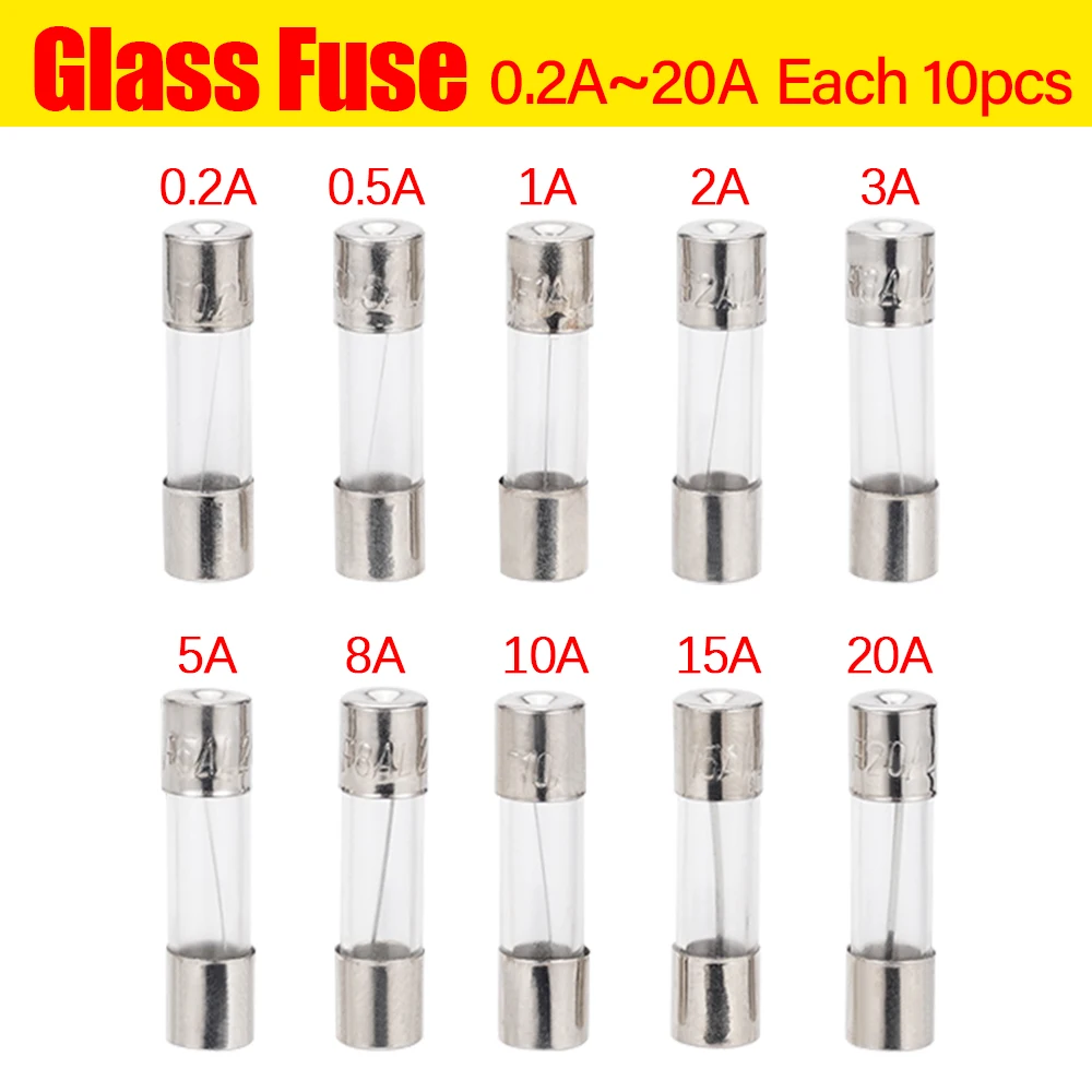 100pcs 5x20mm Glass Fuse Kit 0.2A-20A Fast Acting for Circuit Board Car Audio Home Appliance Repair protection component