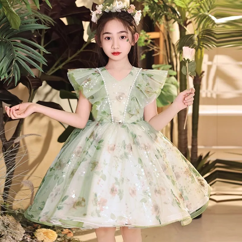 2024 Flower Girl Dress V-neck Pearl Evening Dresses for Children Girls Petal Sleeve Formal Occasion Costumes Cute Prom Vestidos