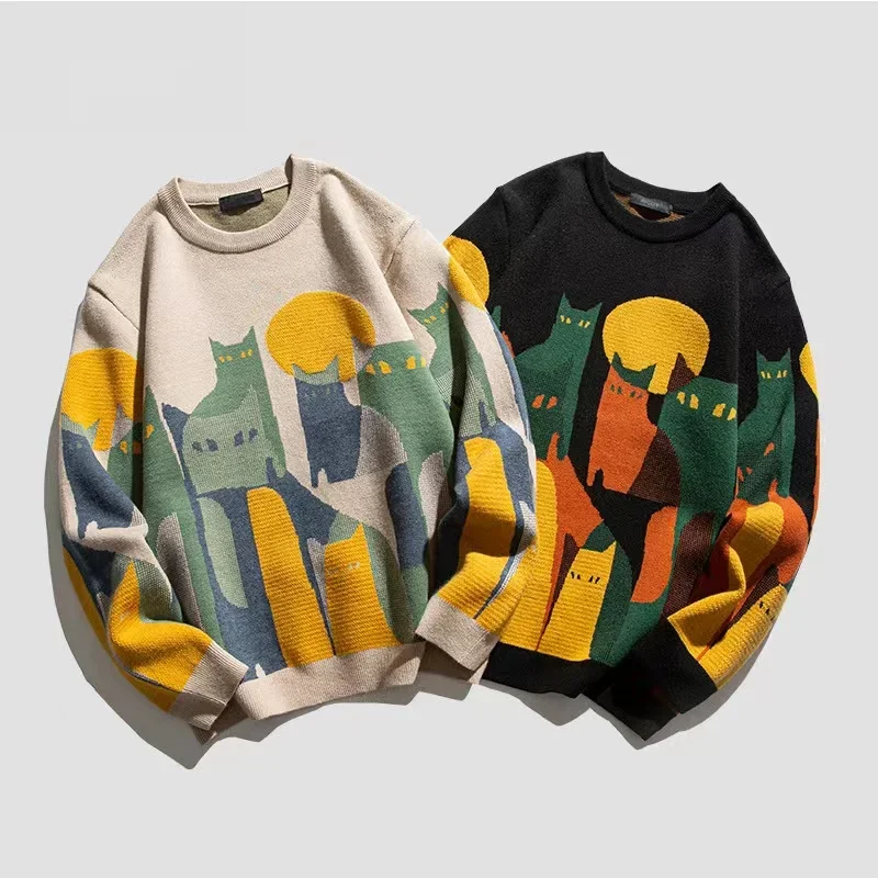 2024 Autumn Harajuku Knitted Sweater Men Women Winter Cartoon Full Cat Print Pullover Vintage Causal Loose Sweaters Streetwear