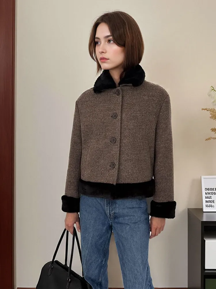 

Женская модная шерстяная куртка, коричневое однобортное свободное короткое пальто с лацканами и длинными рукавами, осень 2021, новая женская уличная верхняя одежда