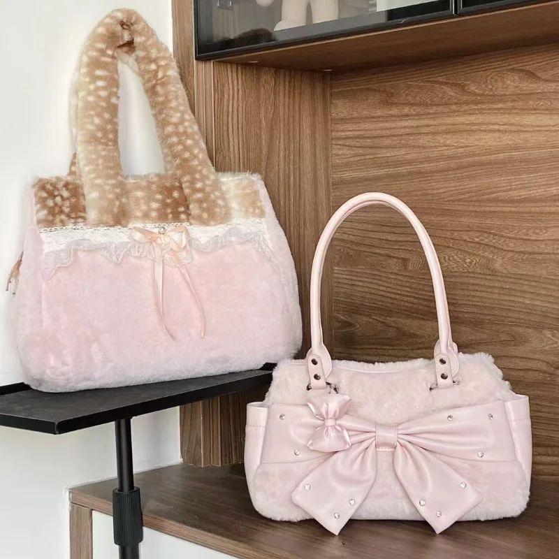 

Sweet Utility Tote, Plush Deer Spot Bag With Lace Bow, Lolita Style Large Capacity Crossbody, Brown Pink Soft Shoulder Bag