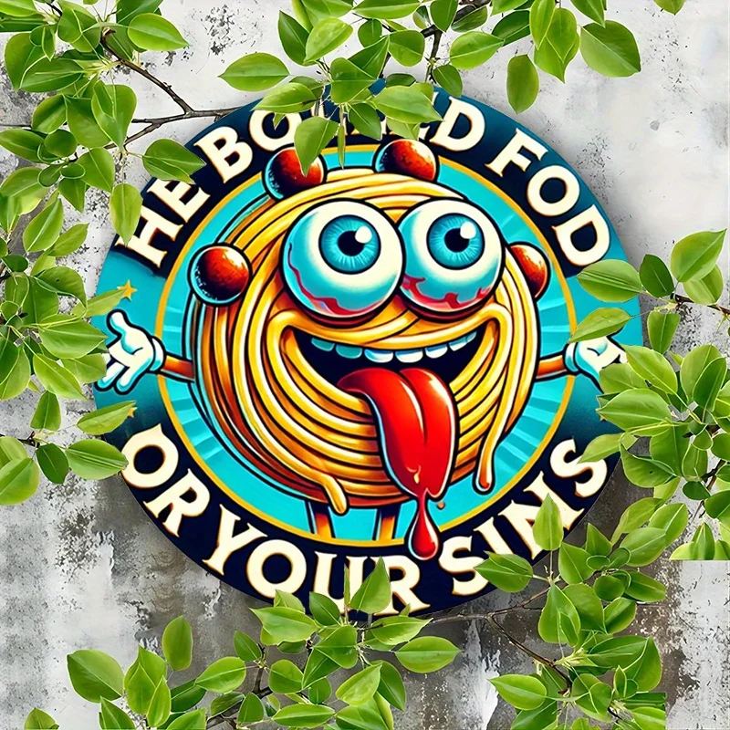 قطعة واحدة من لافتة القصدير المعدنية المصنوعة من الألومنيوم الكرتونية السباغيتي المضحكة - لوحة فنية جدارية ريفية مع تصميم "HE BOLLED FO YOUR SINS" للمنزل، Garage-2D