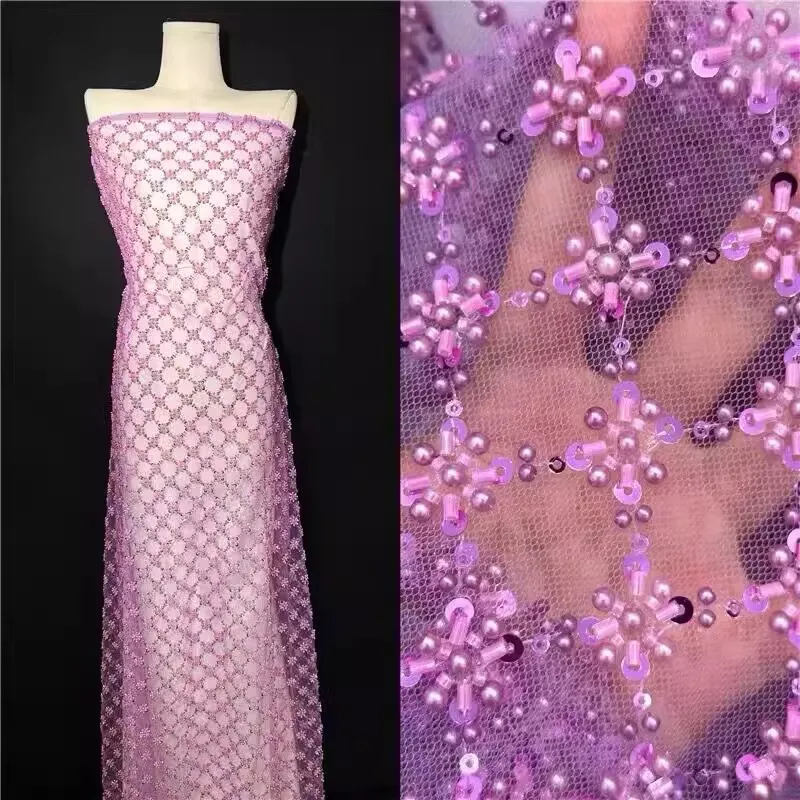 

CX Heavy Industry Rhombus Dress Beads Sequins Embroidery Fabric Mesh Embroidery Bead Tube Beads Wedding Dress Fabric