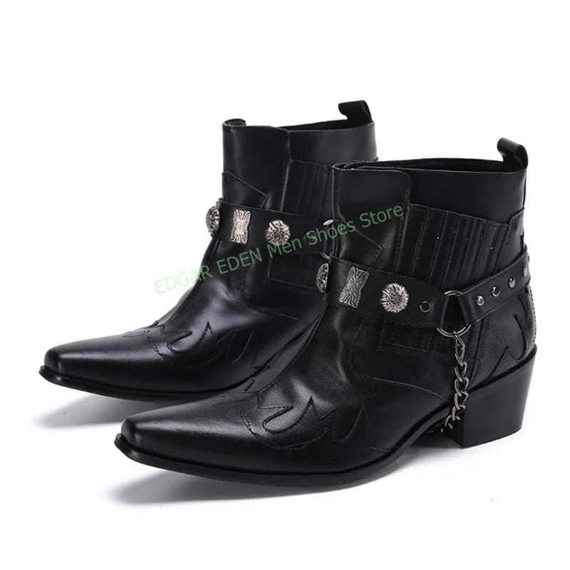 

New Style Metal Chain Decoration Men Leather Ankle Chelsea Boots Pointed Toe High Top Slip On Black Blue Short Boots Shoes