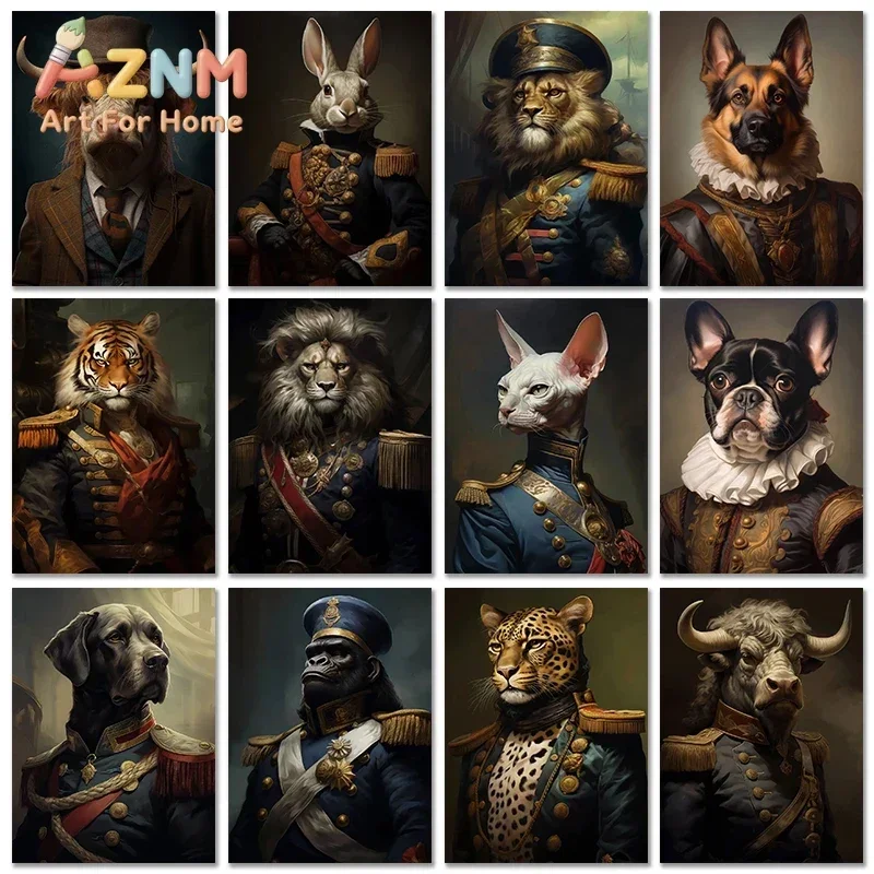 Vintage Animal Head Human Body Canvas Painting And Prints Cat Dog Lion Cow Tiger Rabbit Court Style Posters Wall Art Home Decor