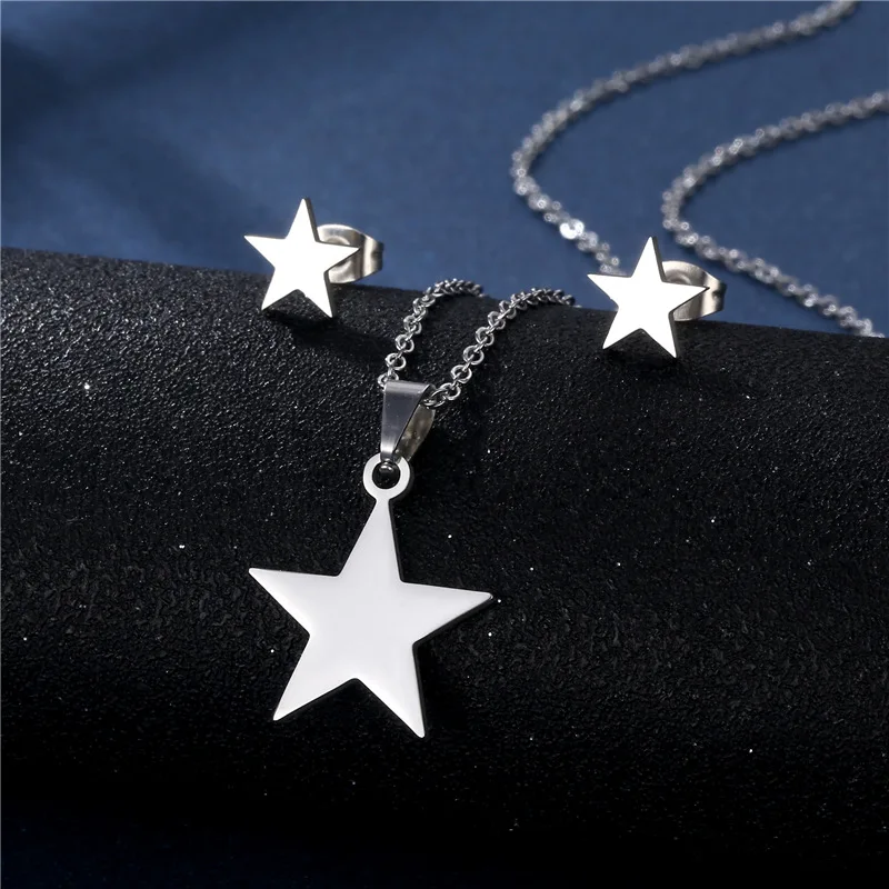 Star Stainless Steel Pendent Necklaces set for Women Birthday Jewelry Simple Crescent Moon Earrings Jewelry Dropshipping TZ3