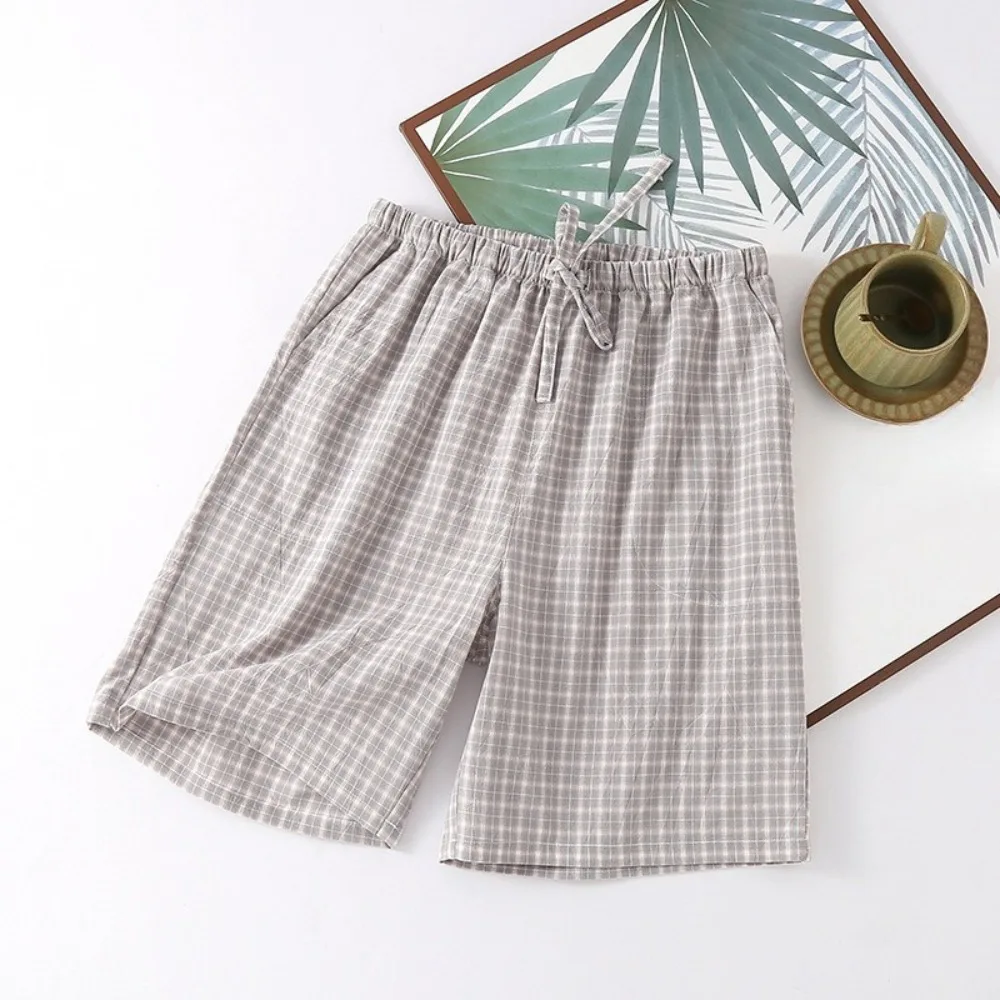 Celana Piyama Tanpa Motif Kotak-kotak Katun Murni Celana Pendek Longgar Tipis Musim Panas Celana Rumah Ukuran Besar Pria