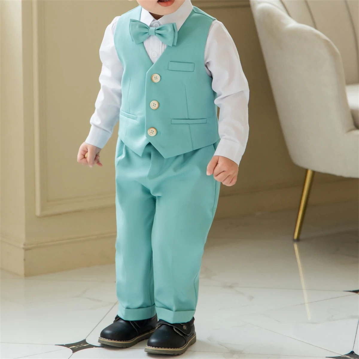 Vestido de smoking infantil, jaqueta, colete, calças, flor