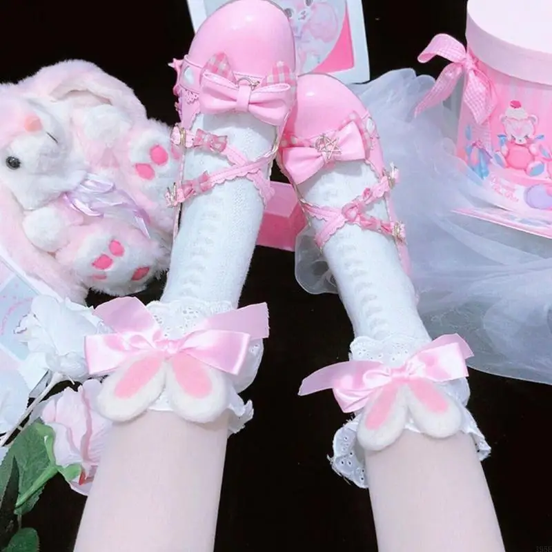 195E ロリータかわいい バニー耳綿クルーソックス女性ガールフリルフリルレースリボンちょう結びニットハート縞模様