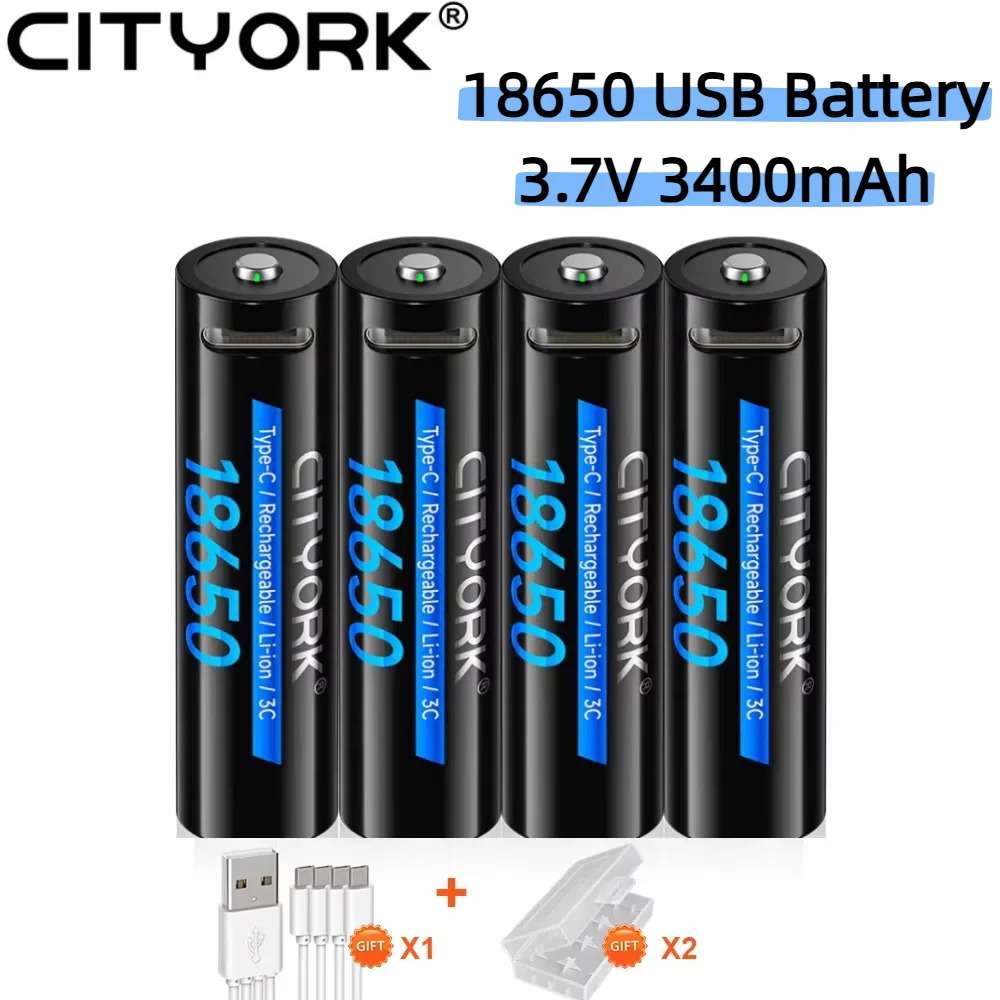 3.7V 18650 USB Battery 3400mAh Rechargeable Battery+Type-C Fast Charge Cable For Flashlight Mouse Toy 18650 Lithium Battery