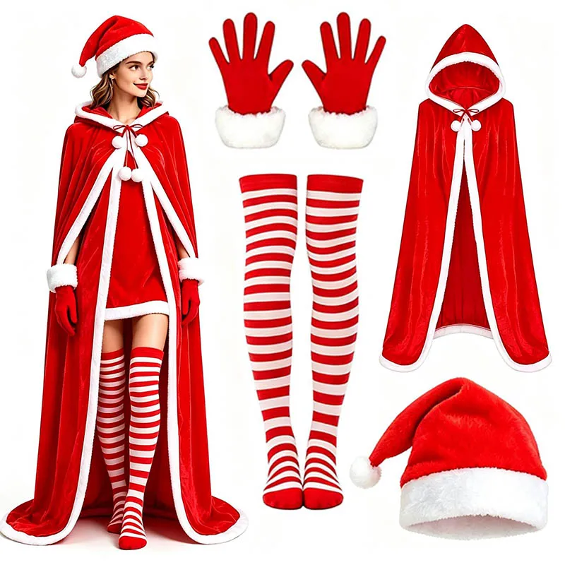 Xmas Costume Set for Adults Red Santa Cape, Cloak Hat Gloves Striped Socks Holiday Party Cosplay Christmas Dress Up Kit Gift