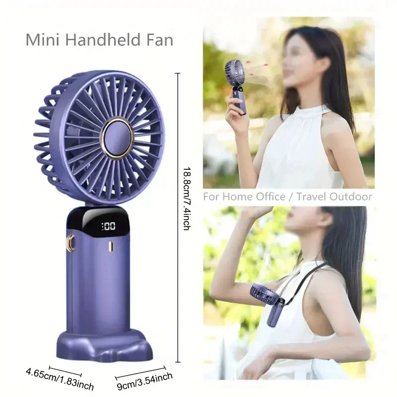 

USB Handheld Mini Fan Foldable Portable Neck Hanging Fans 5 Speed USB Rechargeable Fan with Phone Stand and Display Screen