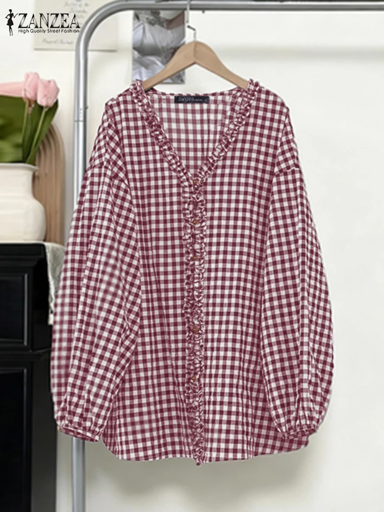 بلوزة خريفية من ZANZEA لعام 2025 بلوزات نسائية منقوشة بأكمام طويلة ورقبة على شكل V قميص عمل مكشكش قميص فضفاض غير رسمي Mujer فام