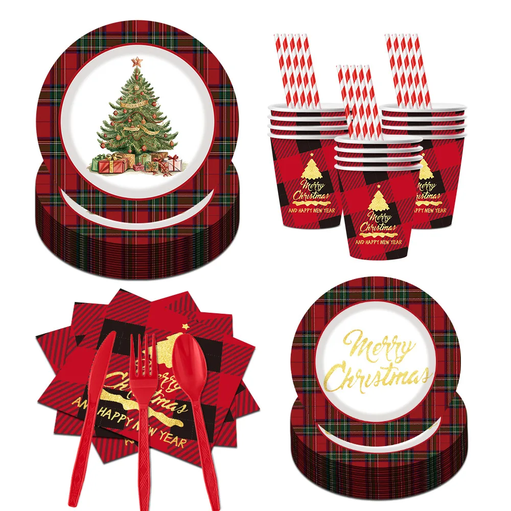 

Christmas Party Paper Plate Tableware Set Printed Plaid Disposable Paper Cup Paper Towel Plate Supplies Party Supplies GIft