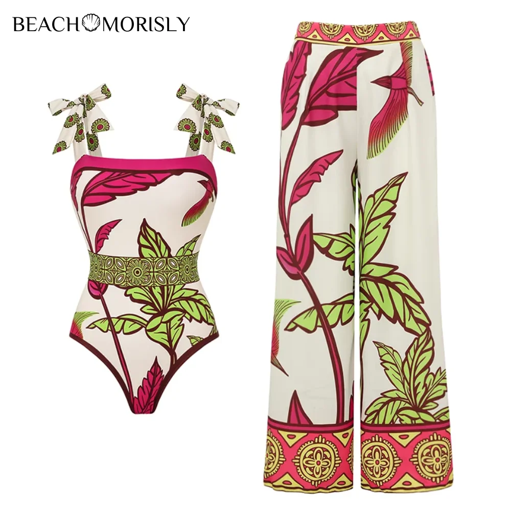 Women Bow-tie Tropical Plant Pattern Printed One Piece Swimsuit  Swimwear Bikini  Set Beachwear Luxury Bathing Suit