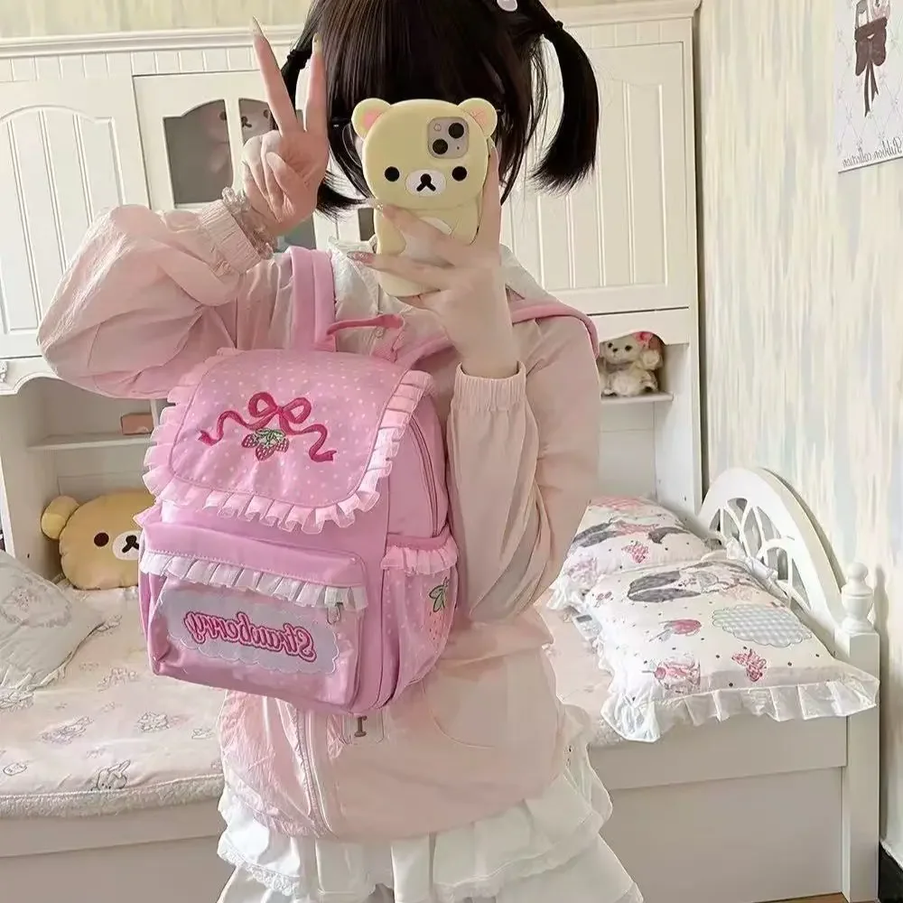 Sweet Cute Strawberry Fruit Embroidery Lace Patchwork Backpack Women Style Waterproof Nylon School Backpack for Girl