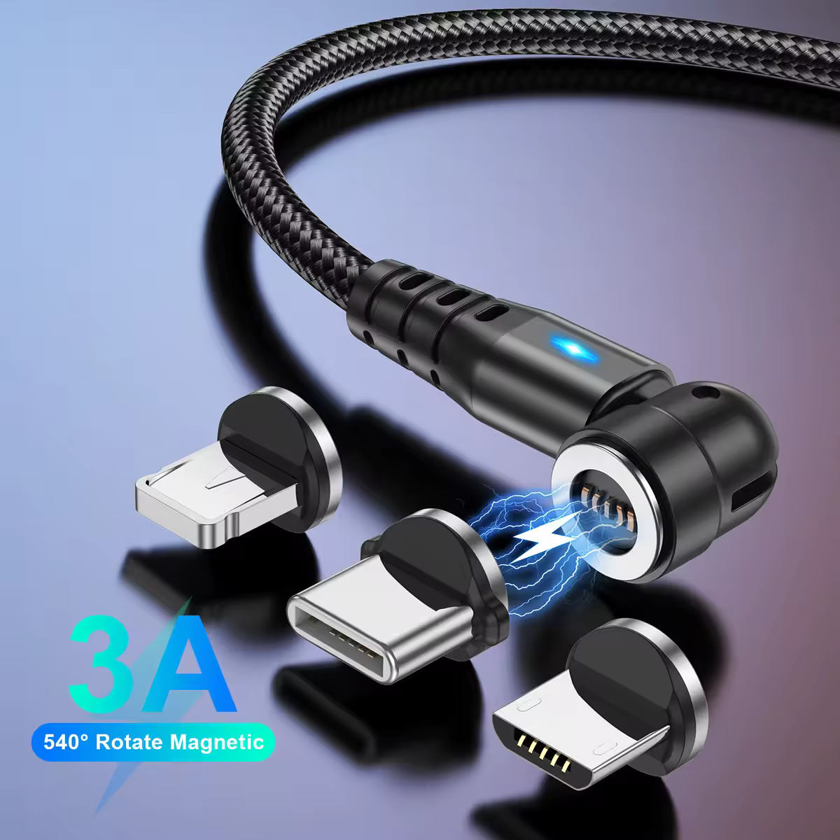USLION 540 לסובב 3A מגנטי כבל מהיר טעינת מיקרו USB סוג C כבל עבור iPhone Xiaomi סמסונג מטען חוט USB כבל