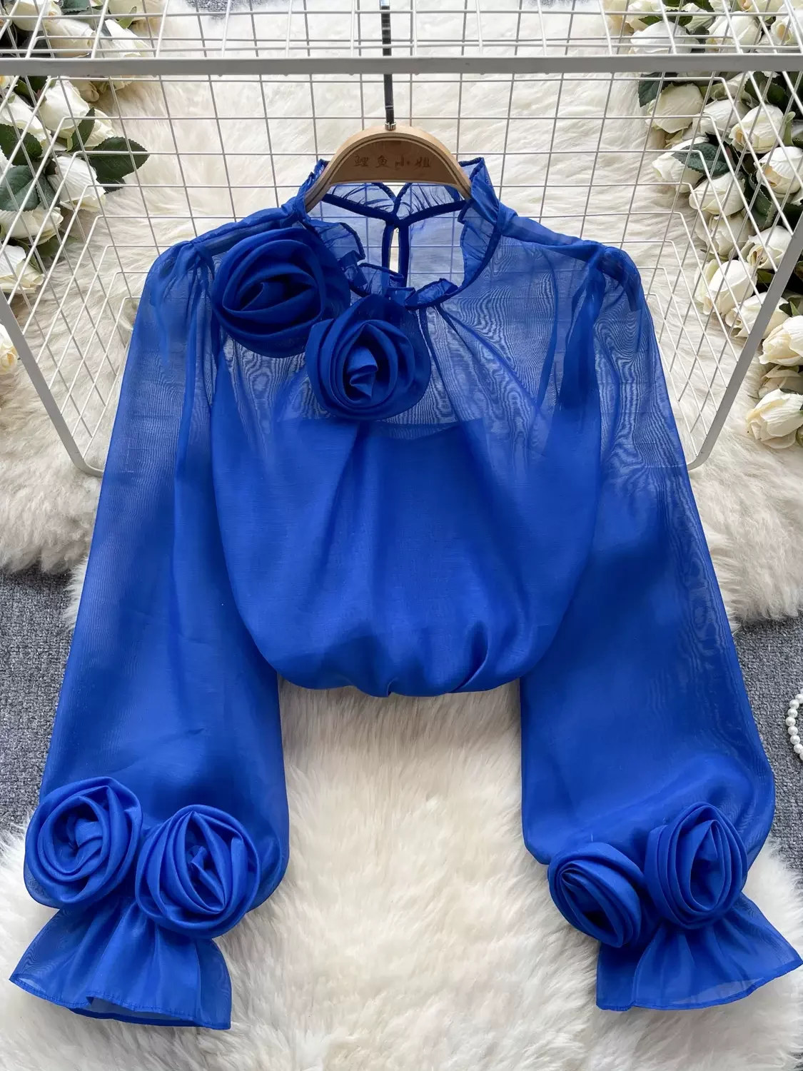 3D Flower Chiffon Blouse Ruffles Collar Long Sleeves Sheer With Lining Ladies France Vintage Senior Elegant OL Tops