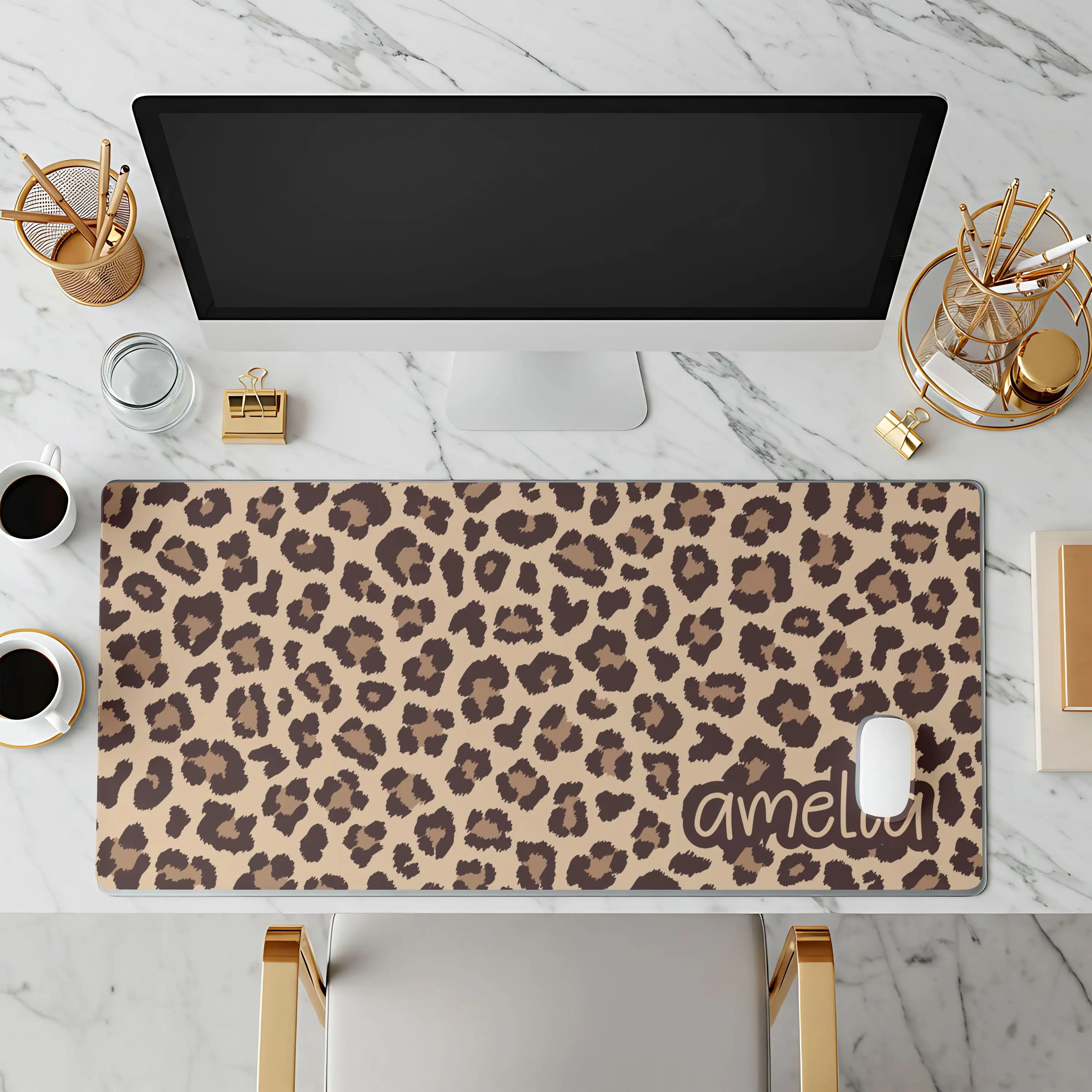 Custom Leopard Print Desk Mat, Cheetah Room Decor, Coquette Chic Girly Desk Pad, Personalized Deskmat for Office & Desktop Decor