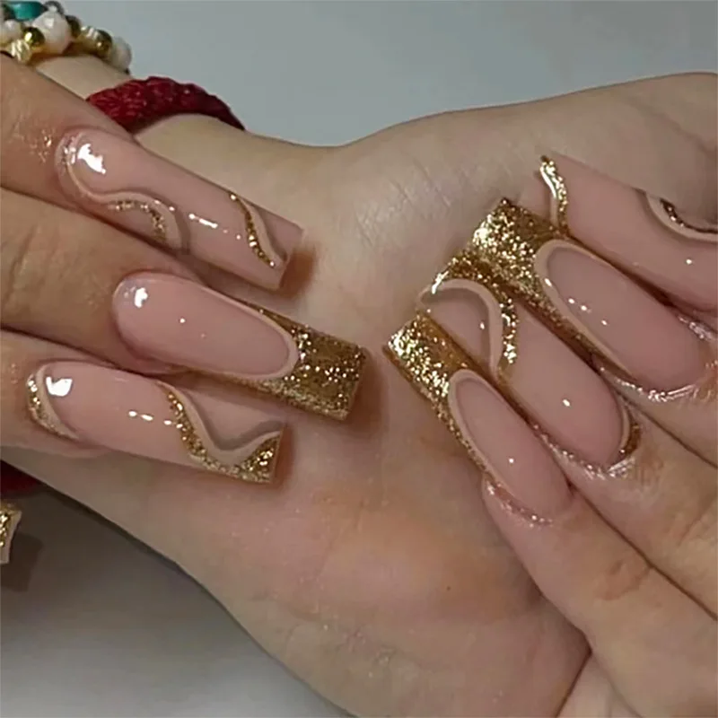 Extra Lange Nep Nagels Kunst Franse Nagels Set Pers Op Valse Nagels Met Lijm Goud Glitter Modieuze Sprankelende Nagel Voor Meisjes