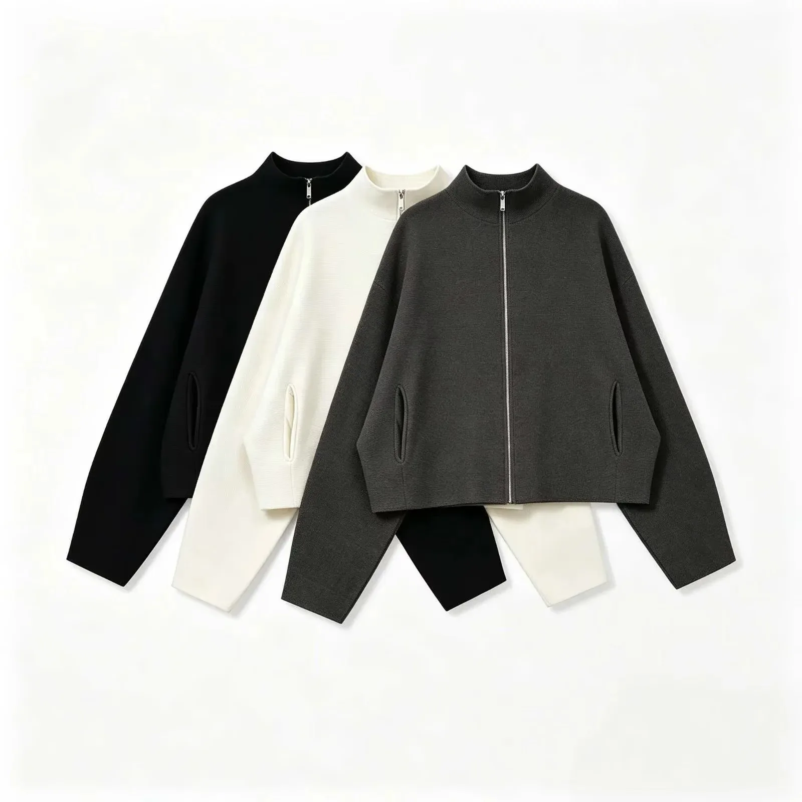 Womens Stand Collar Zipper Knit Jacket Long Sleeve Loose Fit Casual Pocket Cardigan Soft Base Tops Chic Streetwear Clothes