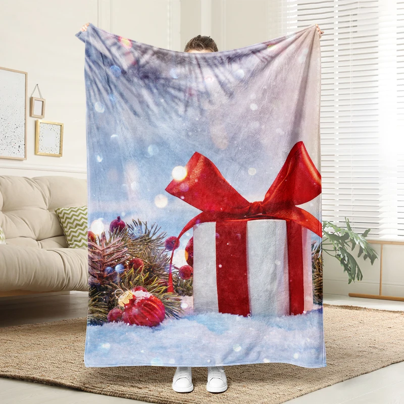

Christmas Gift Bow Flannel Blanket Warm Cozy Throw for Sofa Bed Holiday Home Decor