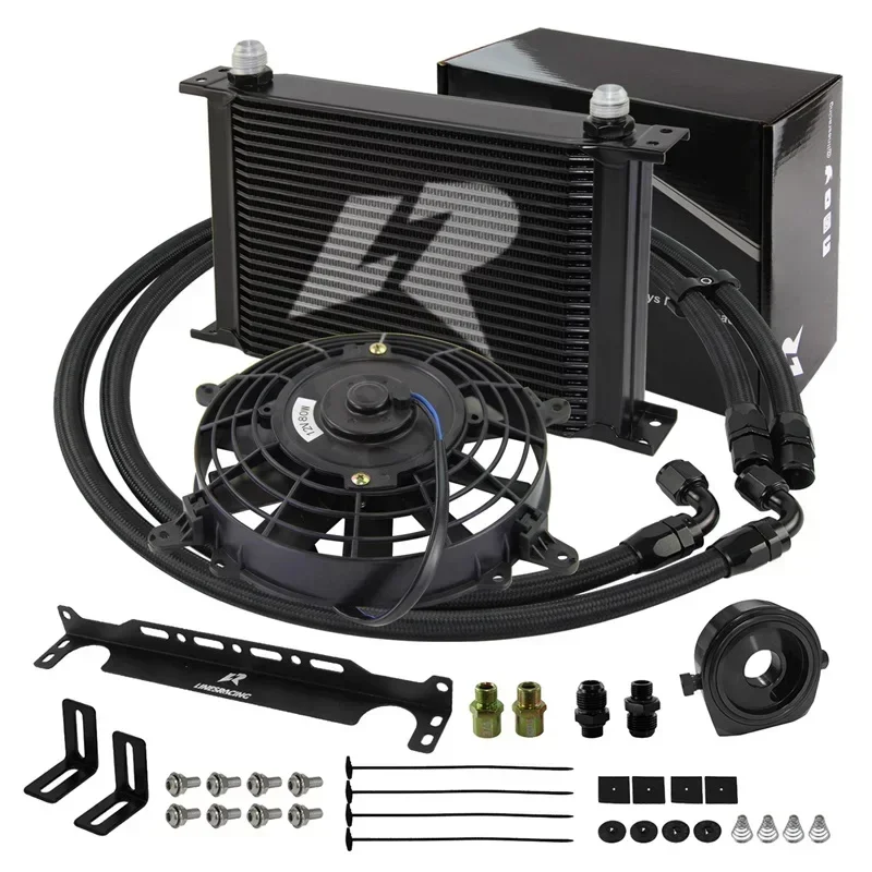 Zestaw chłodnicy oleju uniwersalny LR 25 rzędowy AN10 + zestaw węży adaptera filtra + 7 "zestaw wentylatora elektrycznego 3/4"-16UNF i M20 * 1,5 i 1/8" NPT czarny