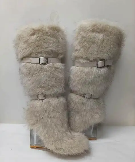 

Winter Gray Black Solid Plush Fur Platform Transparent Crystal Wedge Boots Women Round Toe Belt Buckle Below The Knee Snow Boots