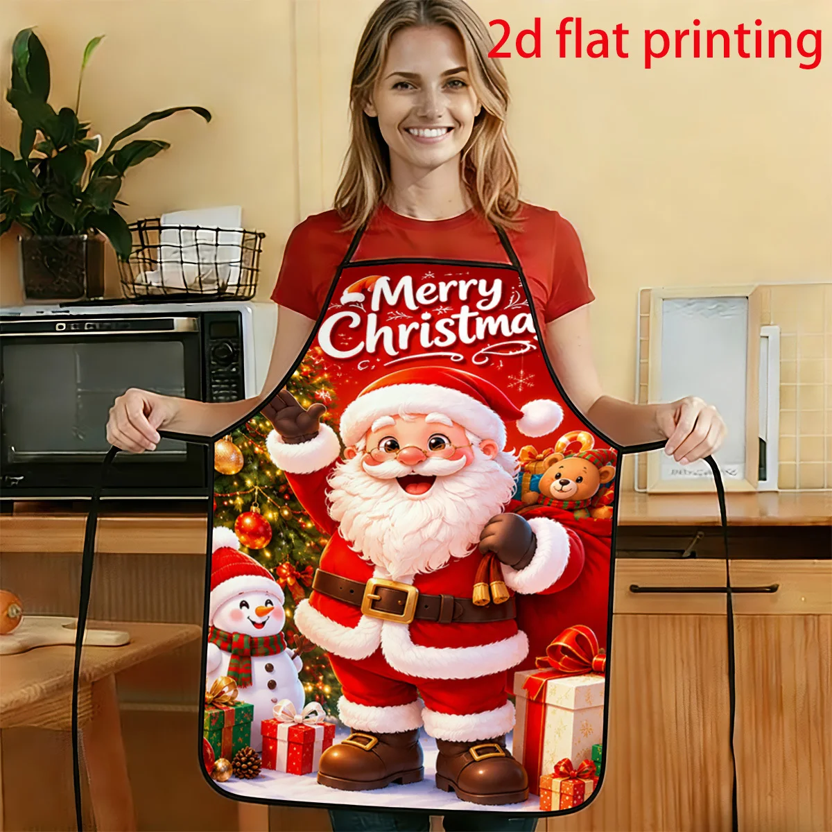 1pc 2D Flat Classic Cartoon Style Santa Claus Christmas Tree Festive Blessing Pattern Printed Apron Durable And Easy To Clean Ad