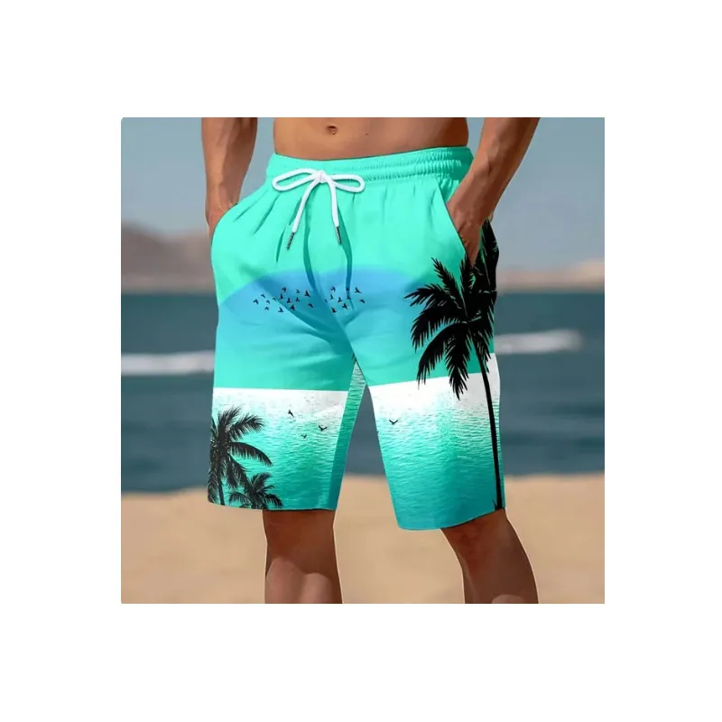 Summer Colourful Hawaiian Print Beach Pants Men's Lightweight Loose-Fitting Lace-Up Gym Shorts Casual Sports Shorts with Pockets