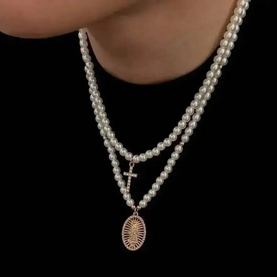 

KunJoe 2 Pcs/Set Hip Hop Jesus Cross Pendants Necklace Men Trendy Charm Imitation Pearls Chain Adjustable Chokers Street Jewelry