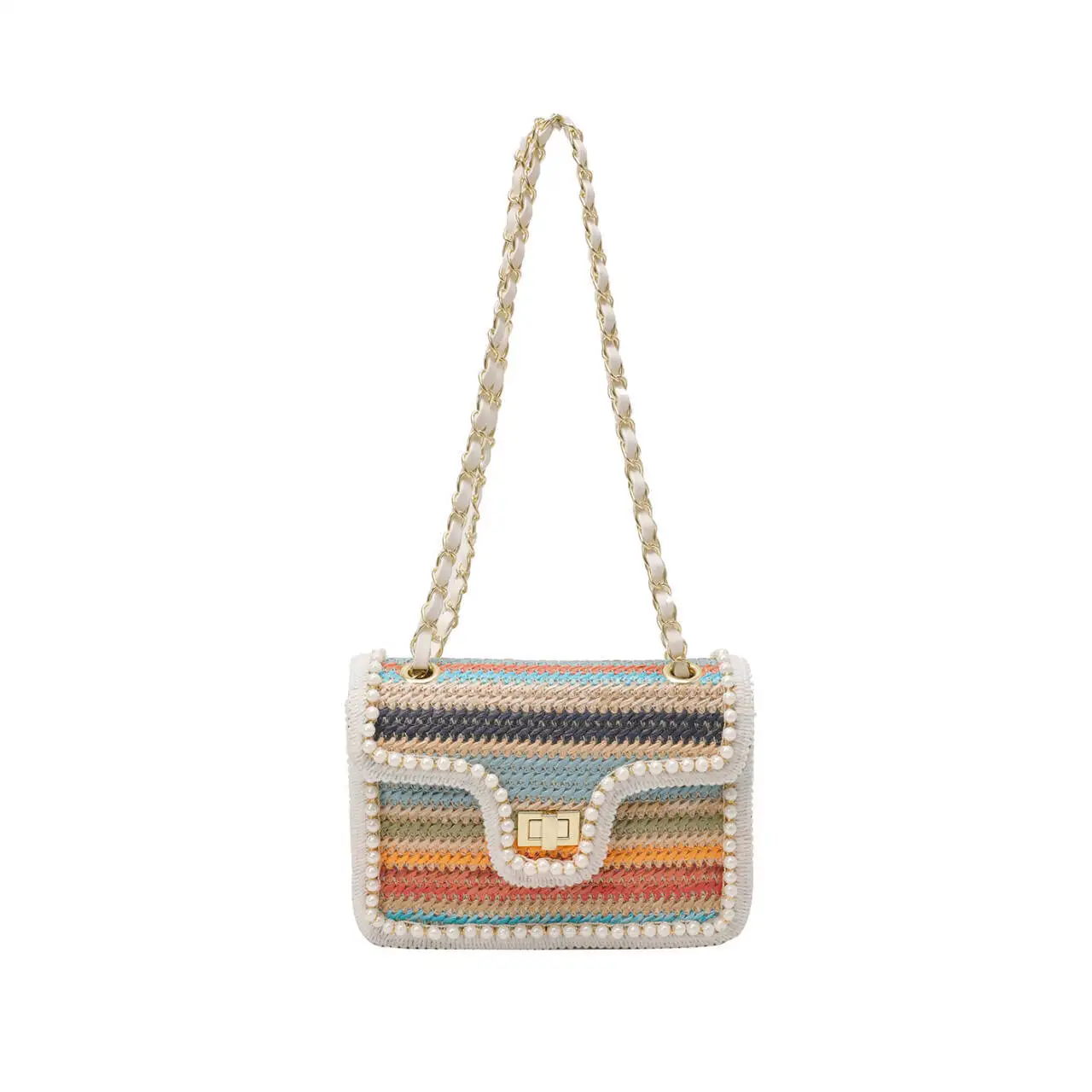 القش المنسوجة حقيبة أزياء شعبية مشبك سلسلة حقيبة عطلة الشاطئ المنسوجة لؤلؤة حقيبة الكتف Crossbody #6