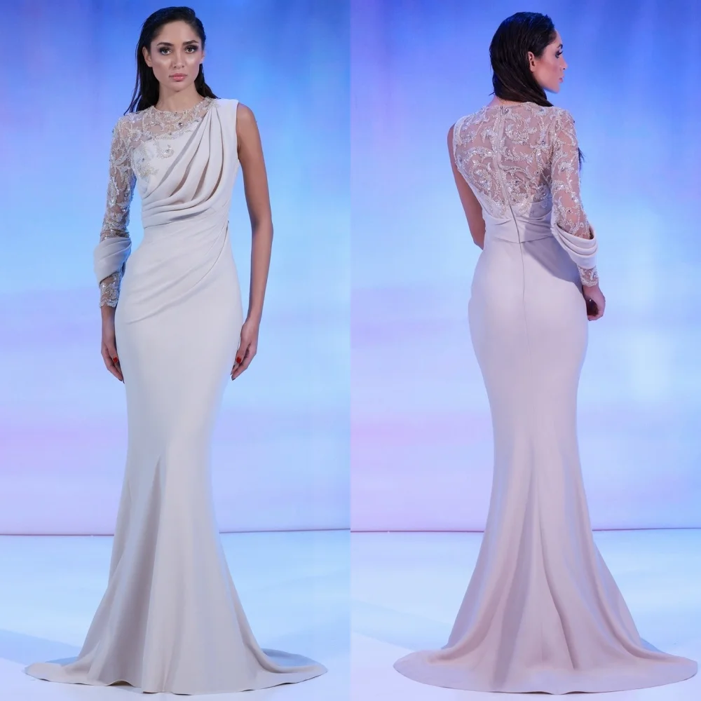 

Customized Sizes Available Jersey Sequined Pleat Trumpet Scoop Neck Long Dresses Bespoke Occasion Sparkle