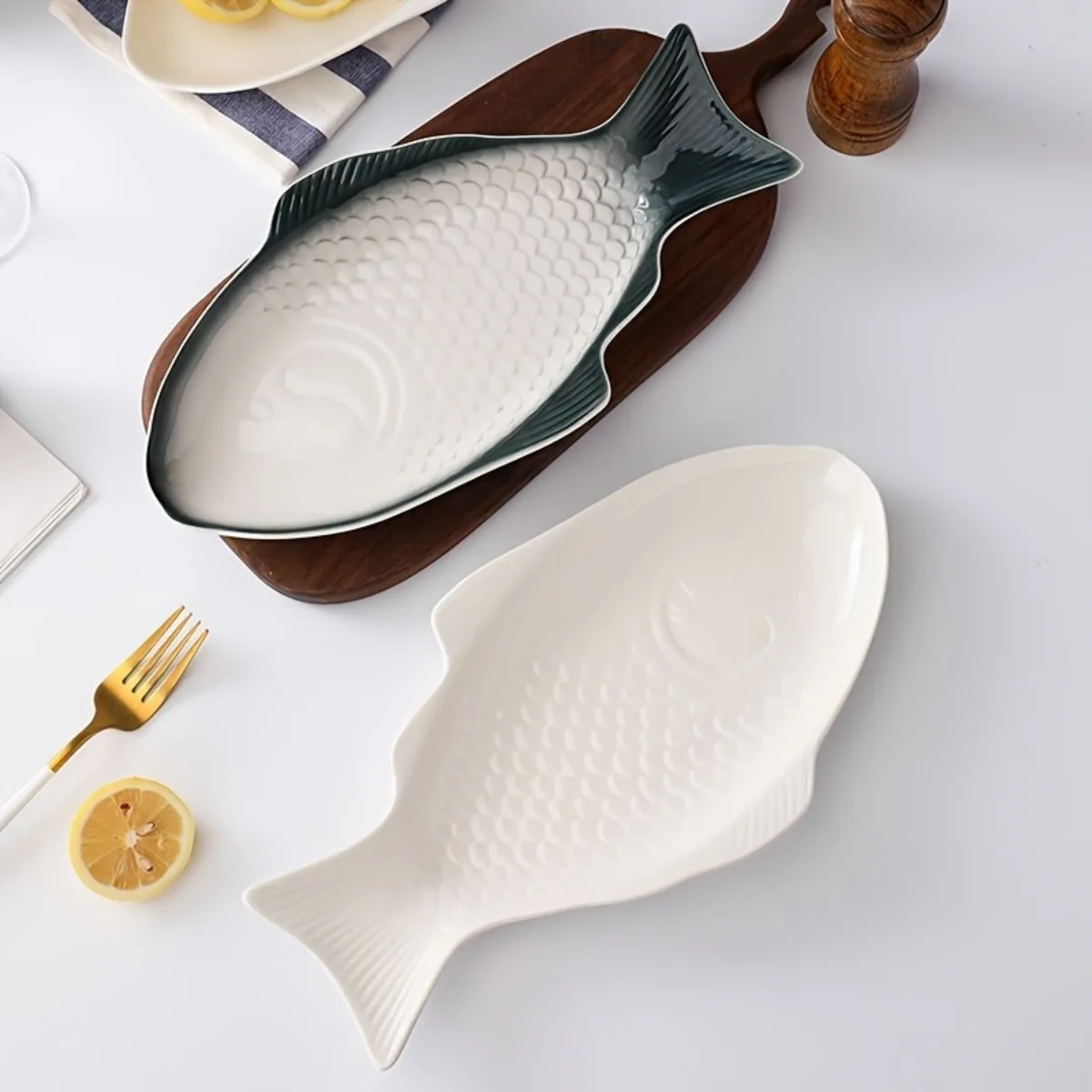2pcs Porcelain Fish-Shaped Serving Platters, Embossed Texture Steamed Fish Plates for Daily Meals And Holiday Entertaining
