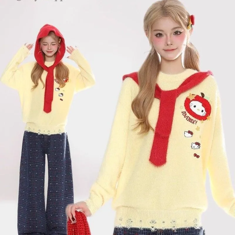 Sanrio Hello Kitty Maglione lavorato a maglia da donna Sciarpa/Scialle Pullover in pile di visone Y2k Stile college coreano Donna Dolce con cappuccio Top