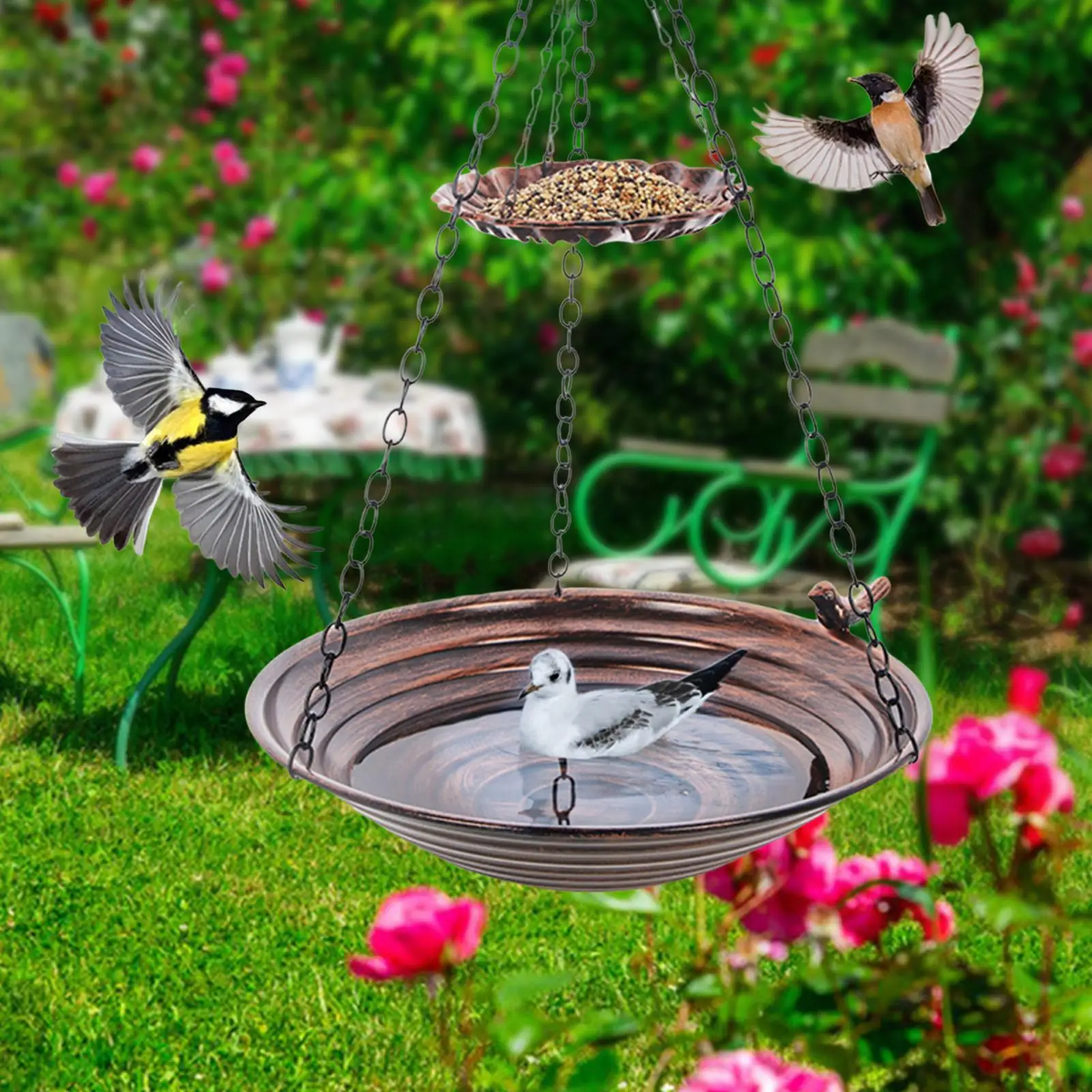

Подвесная кормушка для птиц, уличная платформа, двухслойная с дренажем, привлекающая диких птиц, декоративная кормушка для птиц для открытого патио