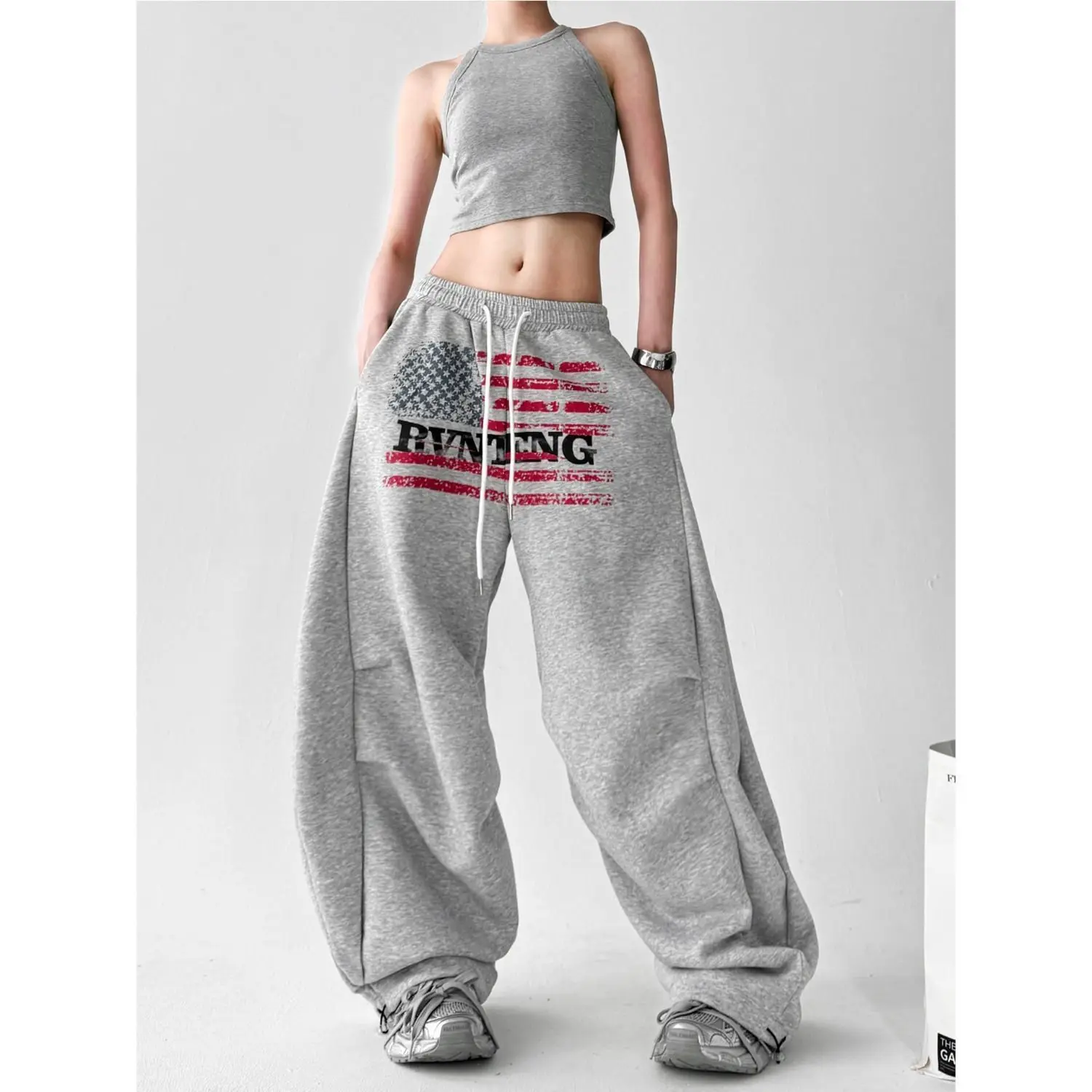 Calça Scimitar feminina bordada outono vintage lã forrado carga grande ao ar livre pernas largas à prova de vento multibolsos