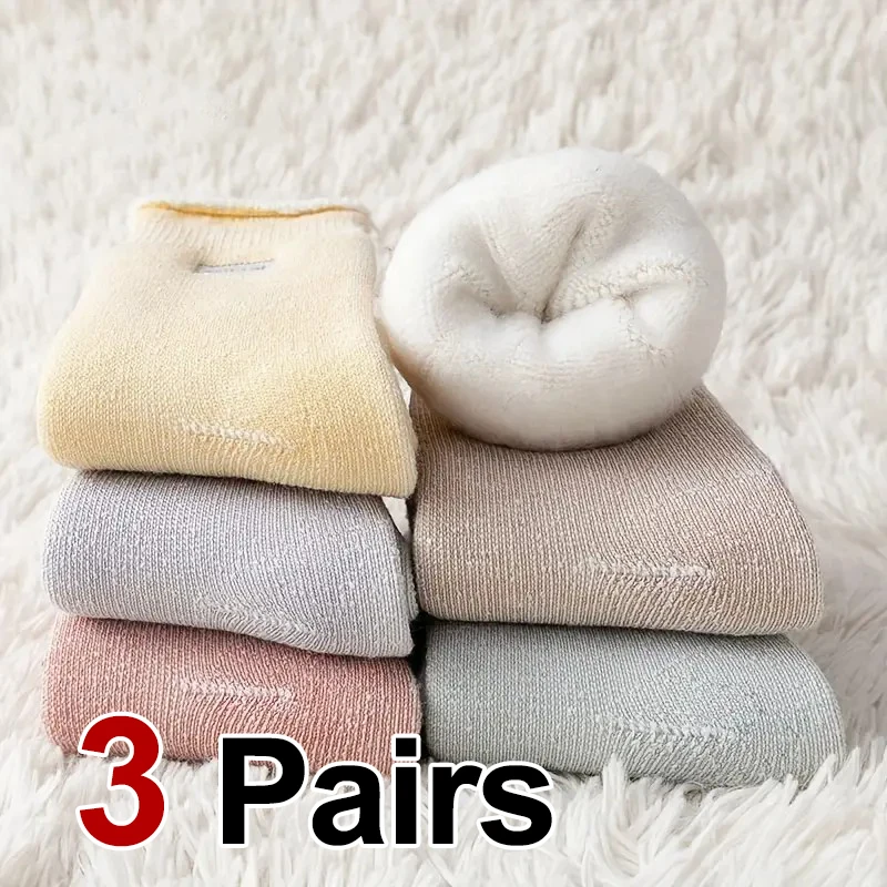

3 пары женских зимних толстых теплых плюшевых носков средней длины, модные простые стильные мягкие удобные домашние вязаные повседневные носки-тапочки