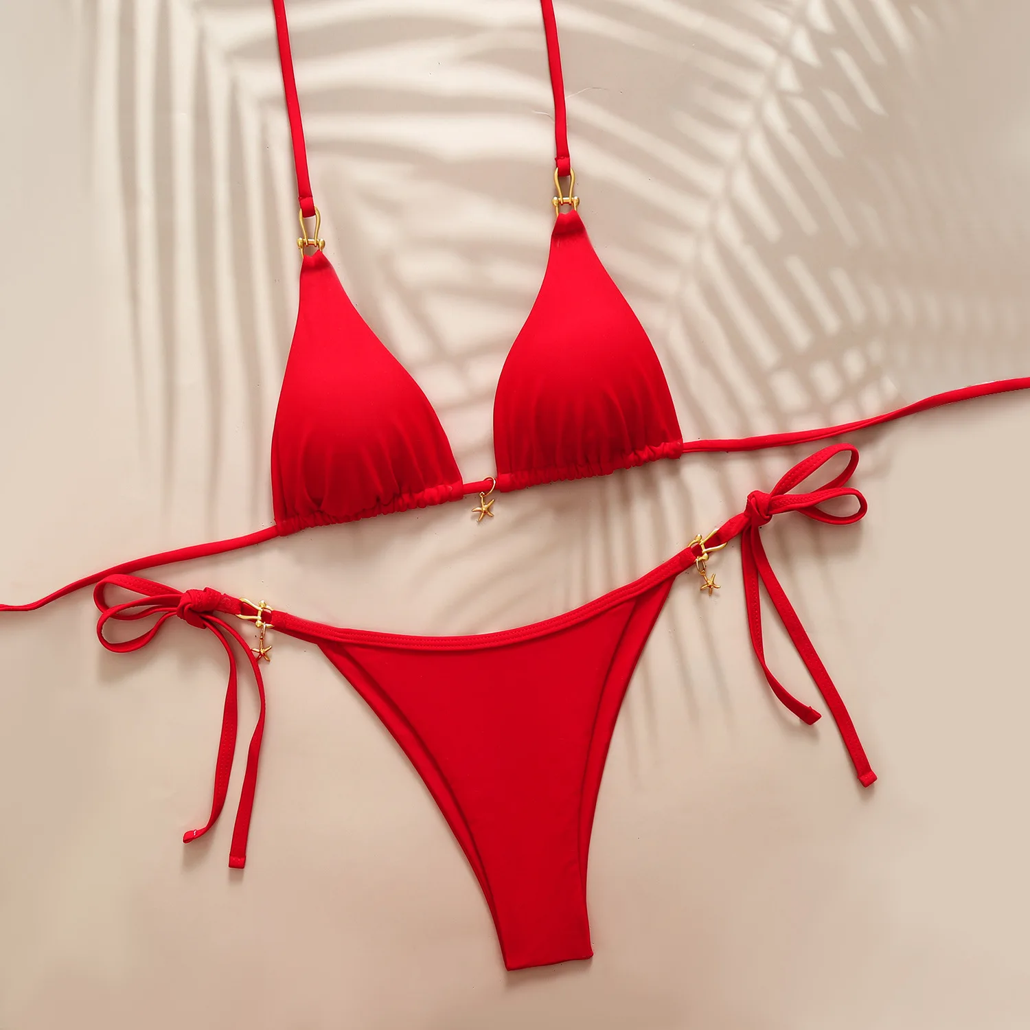 

2026 Sexy Halter Neck Two-Piece Solid Color Triangle Bikini Swimsuit Beachwear Summer Swim Set Bikini Top Bottom Swimwear Halter