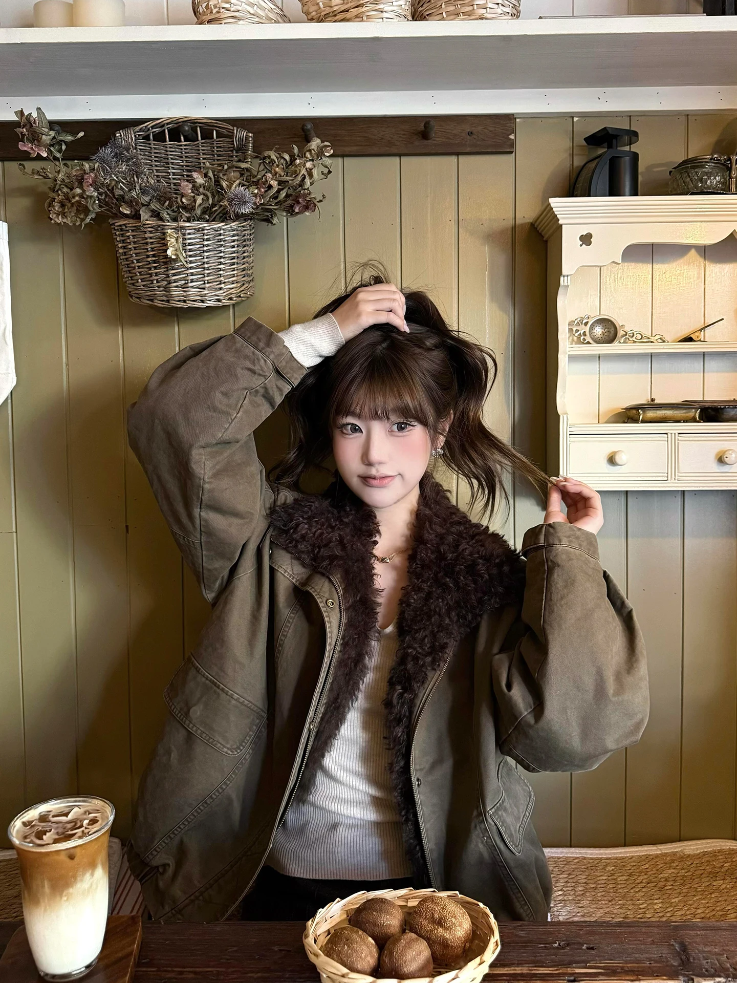 Retro marrom gola de pele parka solto preguiçoso versátil casaco de couro ort inverno novo design casual feminino outerwear casaco ort