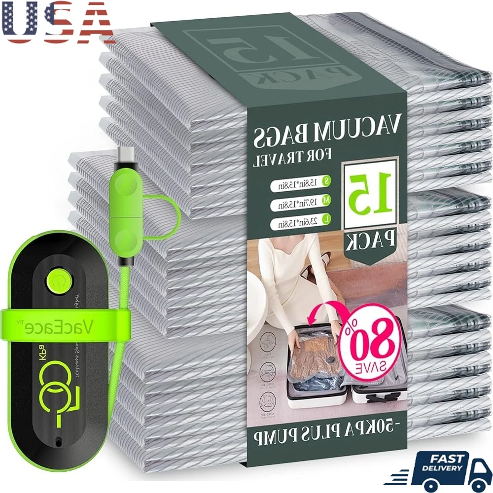 

USB-электрический насос, вакуумные пакеты для хранения, 15 упаковок, дорожные компрессионные пакеты, чемодан, упаковка одежды