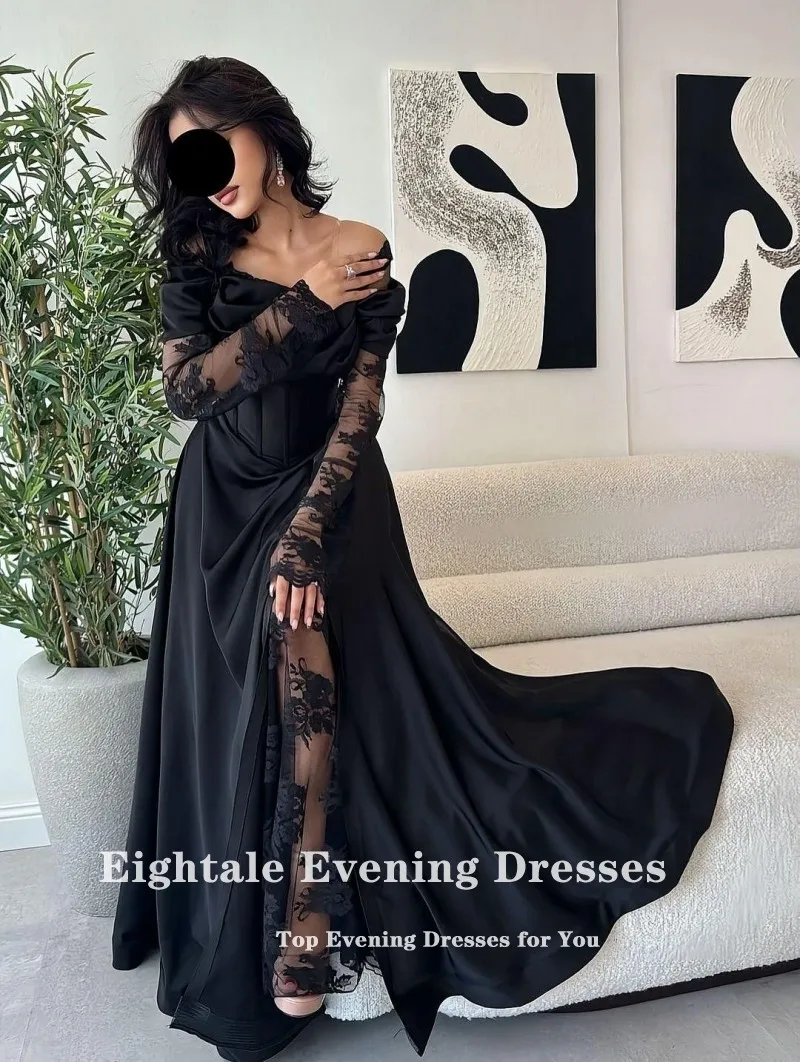فساتين زفاف عربية Eightale مخصصة قبالة الكتف الدانتيل الأسود طويلة الأكمام الساتان فساتين الزفاف Vestidos De Novia