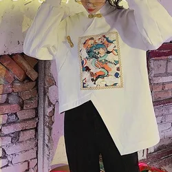 2023 Spring and Autumn Retro National Style Chinese Elements China-Chic Stand Collar Button Print Loose Casual Irregular Sweater
