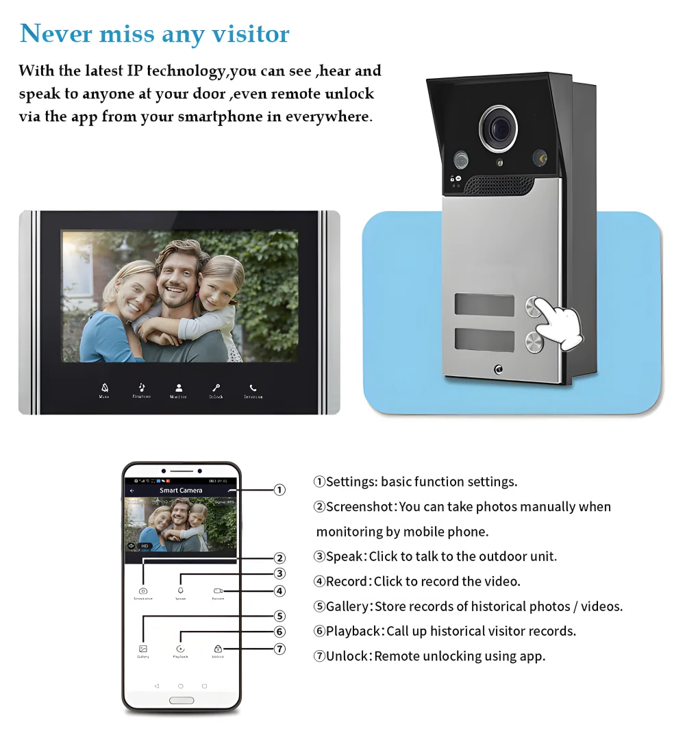 7 Inch Apartment Intercom System Touch Screen Tuya Wifi Video Door Entry System for 2 3 4 Homes Villas Video Door Phone Doorbell