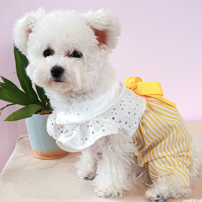 1PC Pet Clothing Cat Spring/Summer Thin Bow High Waist Four legged Pants Yellow Stripe Suitable for Small and Medium Dogs