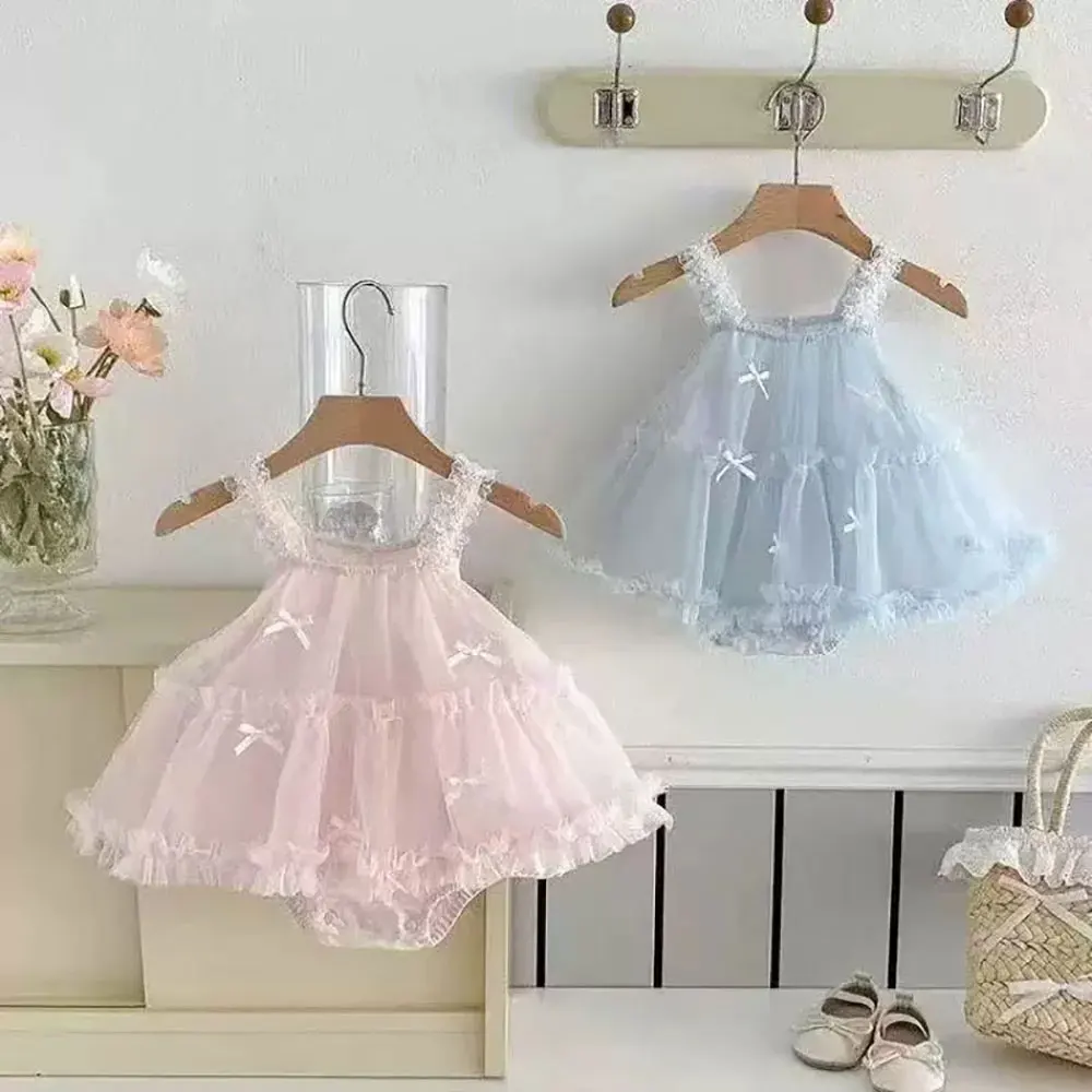 Summer newborn baby girls clothes bow tie mesh rompers dress for infant girls clothing 1st birthday princess jumpsuit dress coat
