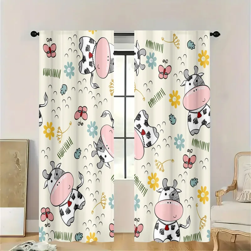 Cute Cartoon Animal Butterfly Print Semi Sheer Decorative Tension Rod Curtain for Bathroom Shower or Kitchen Window Nursery Deco