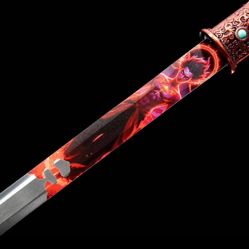 Chinese Nezha Theme Movie Tang Sword,High Manganese Steel,Red Leather Saya,Cosplay Home Decor Sword,Full Tang Shirasaya Prop view 6