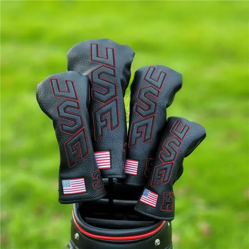 Simple golf Black Headcovers Cover USA Flag for Driver Head Covers Fairway Wood Head Covers Hybrid Pu Leather Waterproof Set