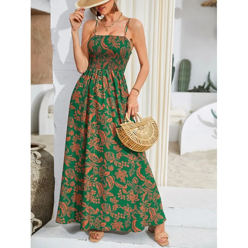 Abito da spiaggia da donna primavera estate con stampa floreale e spalline lunghe a vita smock